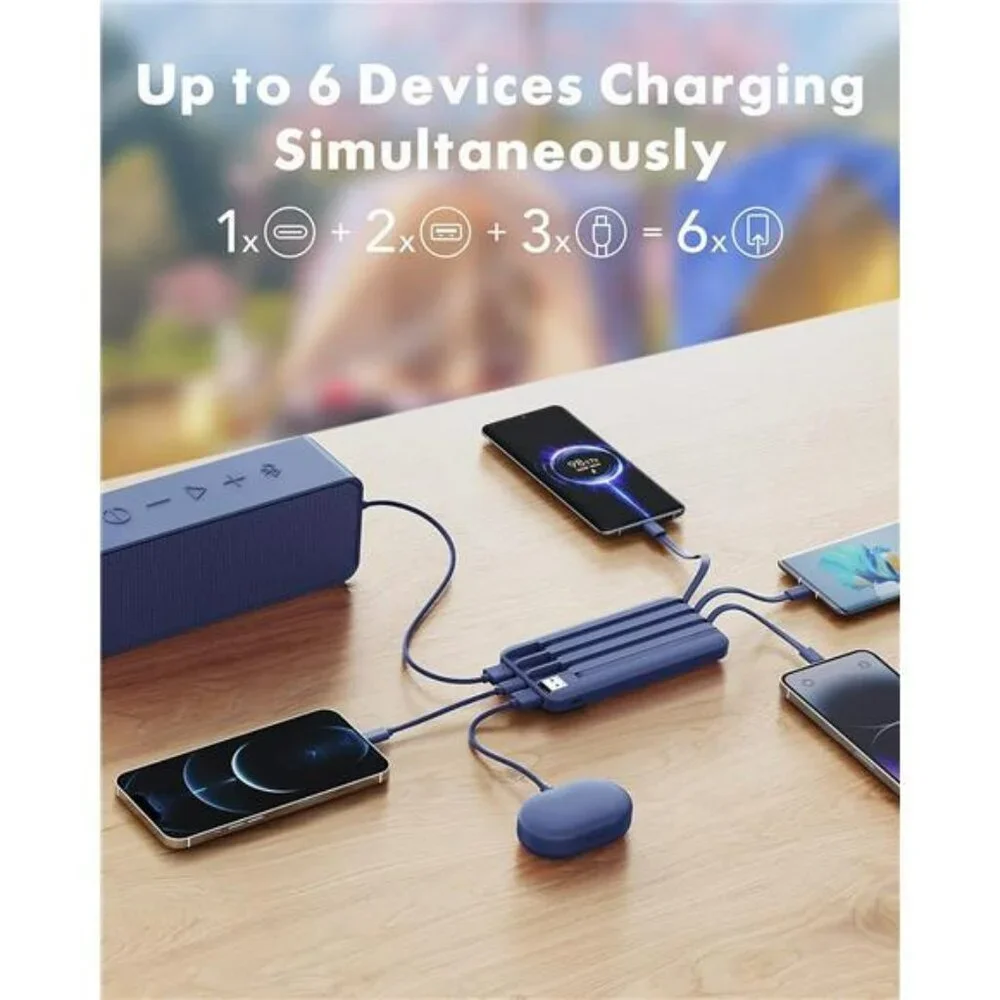 Portable charger 10000mAh slim power bank built in cables for iPhone Android
